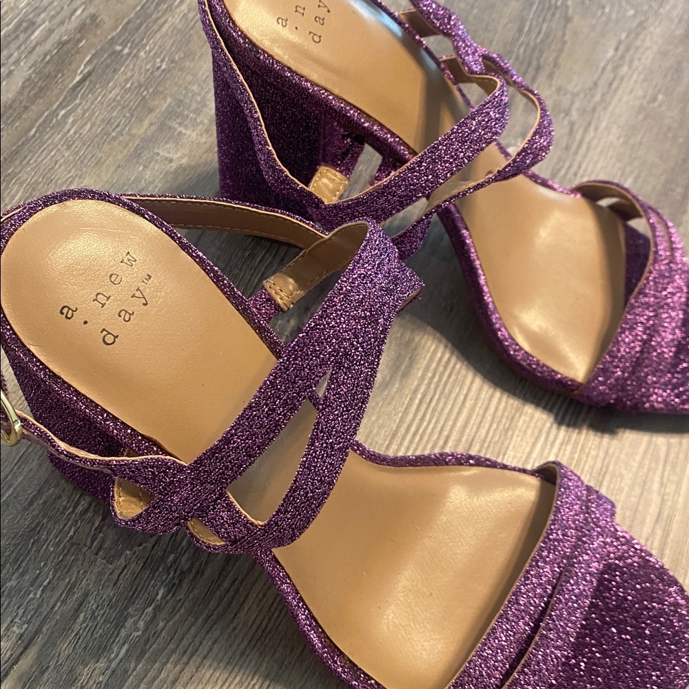 EUC Purple Glitter Open Toe Heeled Glam Girly Sandals Heels 9 - Picture 3 of 8